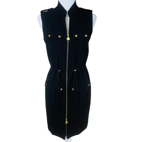Calvin Klein Size 4 Sleeveless Zip Front Drawstring Waist Knit Dress Black - Picture 1 of 13